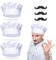 FUIPVGI 6 Piezas Gorro de Cocinero + Bigote Negro Disfraz de Cocinero para Adultos, Disfraz novedoso, Conjunto y Kit de Disfraz de Chef Unisex, Gorro de Disfraz de Panadero (Negro, Blanco)