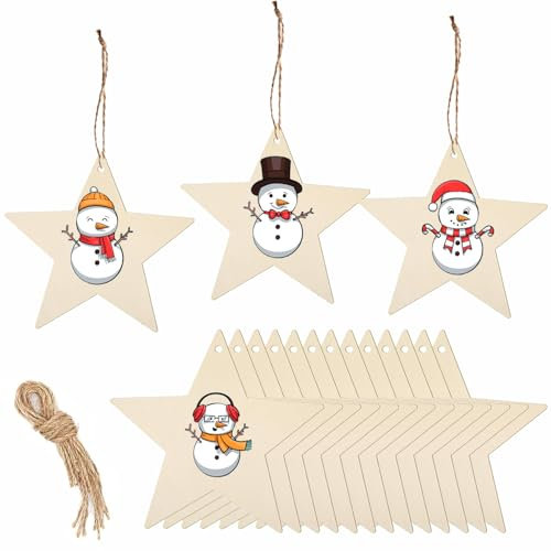YIEUR Lot de 50 pendentifs de Noël en bois - Étoile - 8 cm - Disques en bois - Avec cordon de serrage - Décoration de sapin de Noël - Breloques pour décoration de sapin de Noël - Décoration de fenêtre
