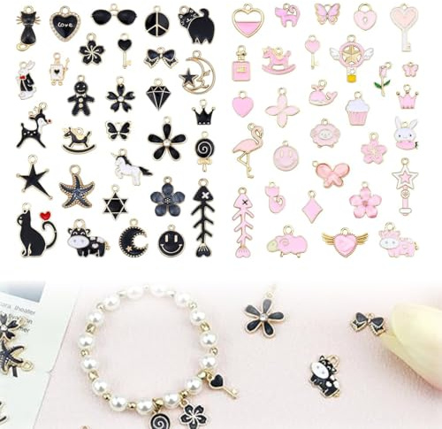 QOWUXHZ 60 Stück Anhänger Set für Schmuckherstellung - Charms für Armbänder, Ohrringe, Halsketten und DIY Kunsthandwerk - Rosa und Schwarz