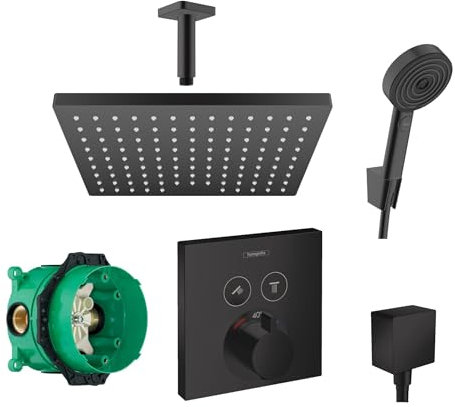 Hansgrohe Duschsystem mit Unterputz Duscharmatur von Hansgrohe Regendusche mit Armatur, Duschkopf eckig, Deckenarm Dusch-SET HGSK06 schwarz matt