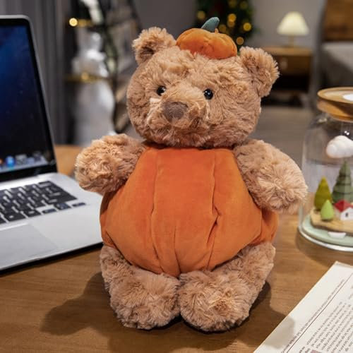 Halloween Kuscheltier Plüsch Spielzeug 24 cm, Halloween Kürbis Kuscheltier mit Kürbis, Plüsch-Geist, gefülltes Teufelsspielzeug mit klappbaren Hüten, Halloween Plüschtier Kürbiskissen (Kürbisbär)