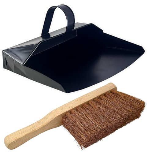 Easy Shopping® Heavy Duty Metal Dustpan with Handle Industrial Design Large Black Hooded Metal Dustpan Cleaning Scoop Also Suitable for Fireplace, homes, log burners, stoves. (Dustpan With Soft Brush)