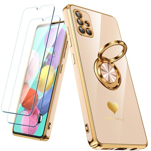 Nonional Schutzhülle für Samsung Galaxy A51 4G mit 2 Displayschutzfolien, 360° drehbarer Ringhalter [luxuriöses Herzmuster] Beschichtung, goldener Rand, schlanke, weiche Handyhülle für Galaxy A51,