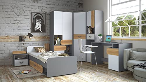 Modernes Jugendzimmer Carini 6 teilig – Kinderzimmer in Graphit, Eiche und Weiß, Komplettset mit Jugendbett 195 x 80 cm, 2 Kleiderschränke, Schreibtisch, Regal- Schrank, Nachttisch