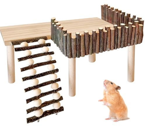 BORDEAG Plataforma de Escalada para Hámster con Escalera de Madera, Valla y Área de Juego