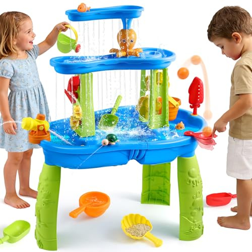 FRUSE Wasserspieltisch für Kinder mit Wasserspielzeug Zubehör für Outdoor | 3-Tier, Einfache Montage und Reinigung , Aktivität Sensory Tisch, Sommer Spielzeug, für Drinnen, Draußen, Strand, Garten