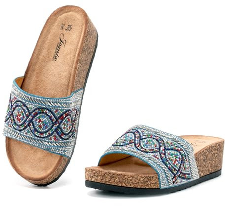 JOMIX Mules Femmes Compensés été Claquettes Femme Sandales avec Perles Tongs Confortables pour Piscine Plage Mer (Bleu, 40)