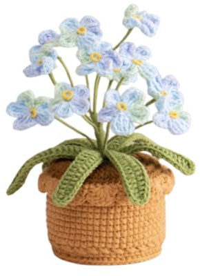 Magicherry Crochet Forget Me Not Blumen, Mini-Topfpflanzen, handgefertigt, Kintting Blumen für Zuhause, Büro, Schreibtisch, Regal, Auto, Armaturenbrett, Dekoration, Blau
