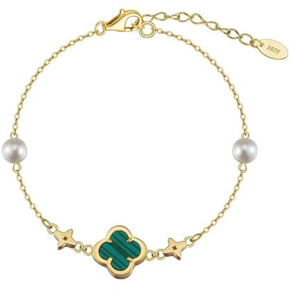 HeyMeili Armband Silber 925 Kleeblatt Damen Armkette Vergoldet Verstellbare mit Perle und Malachit für Freundin Freundschaftsarmbänder Geschenke