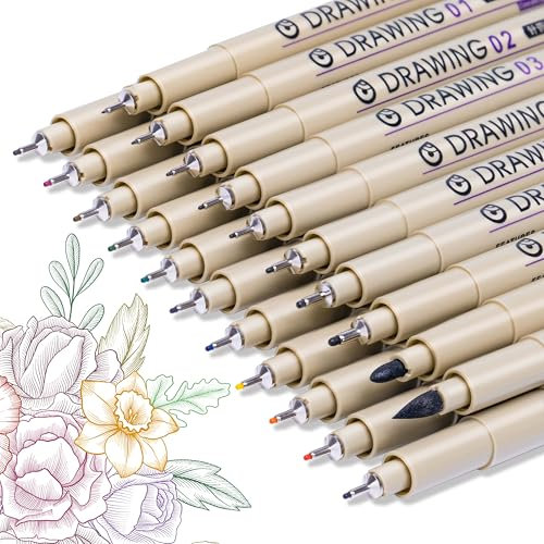 Toptime 21 Stück Fineliner Set, 10 Verschiedene Linienbreiten Fineliner Schwarz für Künstler, 12 Farben Wasserfest Fineliner Bunt, Handlettering Stifte dicke und dünne für Illustration, Skizzieren