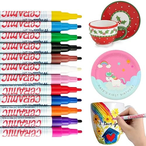 Ronoza Porzellanstifte Spülmaschinenfest, Keramik Bemalen Set, Glasmalstifte Spülmaschinenfest, 12 Farben porzellanfarbe, Gläser Bemalen, Keramik Stifte, Porzellan zum Bemalen