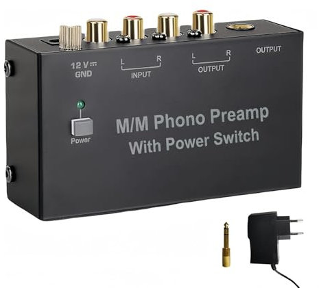 AIFIZO Phono Vorverstärker Plattenspieler, Plattenspieler Schwarz Stereo-Verstärker mit Pegel, RCA Input & Output, Phono Vorverstärker Plattenspieler mit DC 12V Netzteil