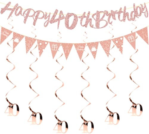 HUKUMA 40. Geburtstag Partydeko Set,Geburtstagsdeko 40 jahre,Sweet 40 Deko Luftschlangen Rosegold,Frau Girlande Spiralen, Happy Birthday Banner Deko zum 40 Geburtstag Frauen