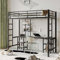 HYUB Cama alta de metal de 90 x 200 cm con escritorio y estanterías, litera con escalera lateral y somier, marco de cama con espacio de almacenamiento y protección anticaídas, color negro