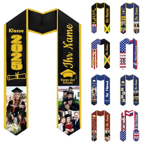 Personalisierte Absolventen Stola, Graduation Stola mit Namen, Foto und Text, Personalisierter Geschenkschal für den Jahrgang 2025 (Stil 1)