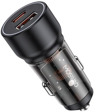MOSWAG Cargador para Auto 1 Unidad, Adaptador de Carga Rápida de 75 W con 2 Puertos con PD y QC3.0 Compatible con iPhone 16/15 Pro MAX/Samsung Galaxy S25/S24/S23/S22/S21, Negro