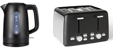 Amazon Basics Electric Kettle 1.7L + 4 SliceToaster with Extra Wide Slots, Matte Black