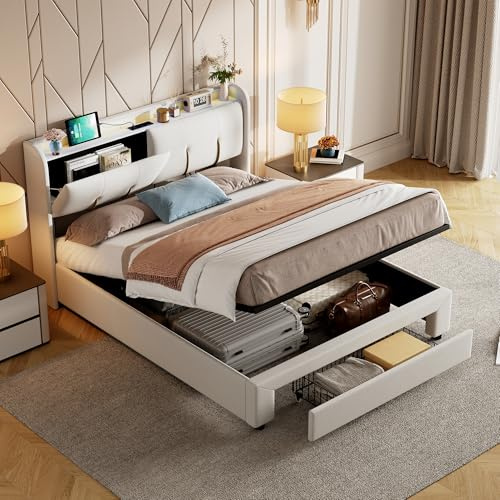 BestAlice Polsterbett 140 x 200, Doppelbett mit Beleuchtung LED und USB, Lattenrost, Veloursstoff, Doppelbett mit Schublade, für Erwachsene, Jugendliche, beige
