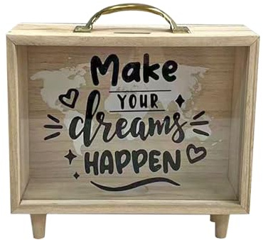 Dream/Travel/Honeymoon Fund Money Box Savings P-iggy Bank for Adults, Wooden Shadow Money Box for Cash and Coin, Tabletop Savings Jar for Wedding Holiday Adventure, with Handle