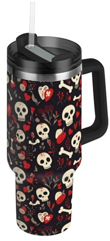 Amooorous Bouteilles d'eau sous vide à large goulot avec couvercle à paille - Motif tête de mort - Noir - 1,2 l