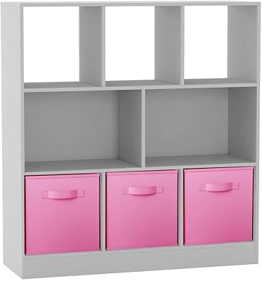 URBNLIVING 8-Cube White Bookcase Shelf Unit – Asymmetrical Storage Organizer with 3 Fabric Drawers for Home or Office - Light Pink