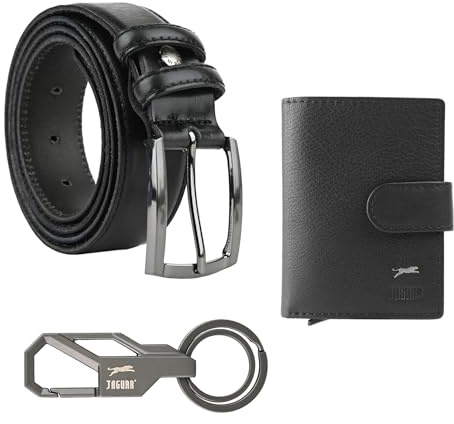 JAGUAR Coffret cadeau pour homme, porte-cartes en cuir, ceinture 125 cm, porte-clés métal, noir