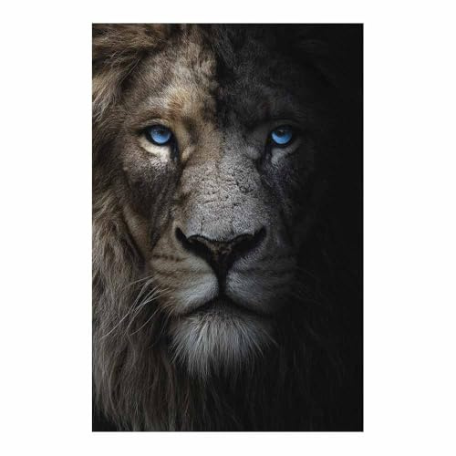 HUYEEI Leinwand GemäLde Löwen blaue Augen Wandkunst, Vintage-Stil, Druck, Bauernhaus, Tier, Kunstwerk für Wohnzimmer, Schlafzimmer, Büro,(braun174)-60x90cm Ungerahmt