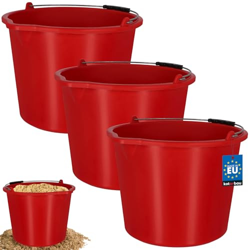 KOTARBAU® Baueimer, Mörteleimer 20 L, Eimer aus Kunststoff | 3er Set, Putzeimer mit Ausguss & Henkel, Rot, Werkzeug Eimer, Rund, Baukübel