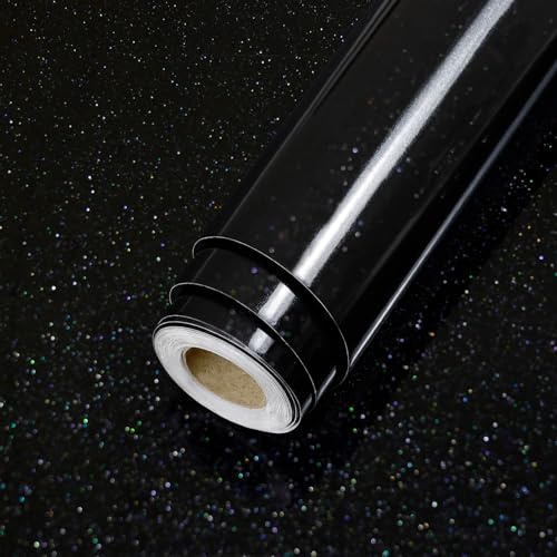 ReeyderArt Black Glitter Contact Paper for Countertops, Glossy Peel and Stick Wallpaper, Waterproof Self Adhesive Vinyl Wrap for Cabinets, Shelves, Tables, Closets and Walls 40 x 200 cm