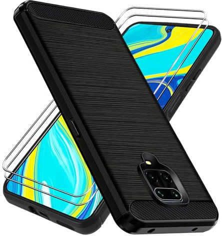 Oelrstfe Cover per Xiaomi Redmi Note 9S / Xiaomi Redmi Note 9 Pro con 2 Pezzi Vetro Temperato, Custodia Militare Protettiva [Fibra di Carbonio], Sottile Morbida in Silicone TPU Anti-Graffio Case, Nero