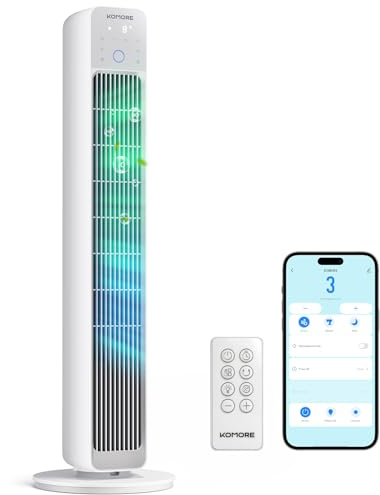 KOMORE 20dB Silent Tower Fan, 8m/s Powerful Airflow, Cooling Fan with Plasma Sterilisation, 12 Speeds 90°Oscillating Bladeless Fan for Bedroom, 3 Modes 12H Timer, Powerful Fan with Remote, LED Display