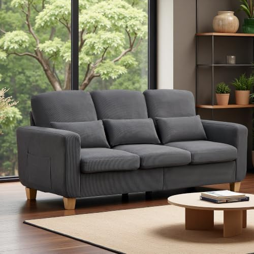 EBELLO Sofa 3 Sitzer, Cord Sofa 188CM, Bequemes Couch mit Extra Tiefer Sitz, Modernes Wohnzimmer Sofa mit 3 Kissen&Seitentaschen, Einfach Montage Big Sofa Couch für Schlafzimmer Büros, Dunkelgrau