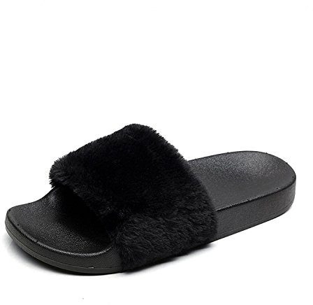 AioTio Pantofola di Pelliccia del Faux Flop delle Donne Fuzzy Fluffy Comfy Sliders Aprire la Punta Slip on(EU38 Nero)