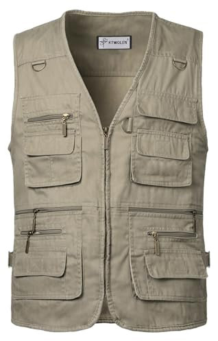 KTWOLEN Herren Outdoor Weste mit Multi-Taschened Anglerweste Jagd- und Angler Camping Wandern Weste Freizeit Ärmellos Jacke, Khaki, L