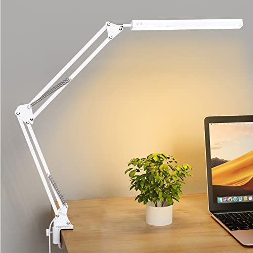 SKYLEO Lampara Escritorio LED - Flexo LED Escritorio Potente con clip - Protección ocular Lampara LED Escritorio - 3 modos de luz X 10 niveles de brillo - Blanco