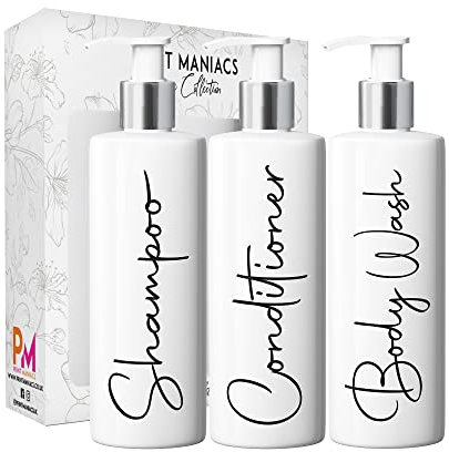 Print Maniacs White Mrs Hinch Inspired Personalised 500ml Pump Bottles Bathroom Lotion Kitchen Set Shampoo Conditioner ( 3 Set, F2 ) (Black)