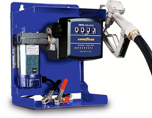 Goodyear - Bomba Gasoil 12V 260W con Contador 4 Dígitos, Pistola 360°, Manguera 4m, Caudal 50 l/min, Kit Bomba Autoaspirante Portátil Hierro Fundido para Trasvase de Combustible