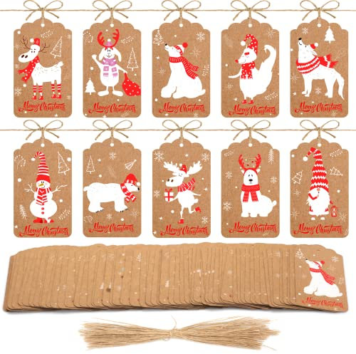 YiWeel Geschenkanhänger Weihnachten Kraftpapier, 100 Stück Weihnachts Geschenkanhänger zum Beschriften,Originelles Design Personality Braun Anhänger mit Seil für Botschaftskarten,Wunschbaum-Etiketten