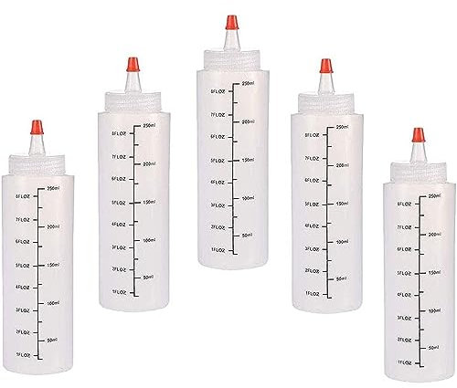 OUOQI Squeeze Flaschen,5 PCS 250ml Sauce Bottle,Plastik Squeeze Flasche mit Kappen,Saucen Flasche,für Dressings Ketchup,Heiße Saucen,Olivenöl,Senf,BBQ Sauce,Soßen,Mayo