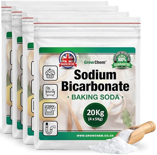 Grow Chem Baking Soda 20KG (4x5KG Bags) Bicarbonate of Soda for Cleaning | UK Made -Pure Food Grade Baking Soda for Cooking, Cleaning, Odours, Teeth and Making Bath Bombs, Sodium Bicarbonate