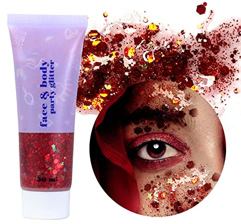 Prreal Körper-Glitter-Gel 50ml, Gesichts- und Körper-Sequin-Gel, Flüssiger Lidschatten, Chunky Glitter für Gesicht, Haare, Nägel, Holographisches Kosmetik-Laserpuder für Festival-Make-up #Rot