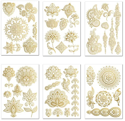 Nirbffo Datura Blumen Temporäre Tattoo Party Körper Arm Kunst Fake Flash Tatoos Gold Metallic Tätowierung Aufkleber Wasserdichte Temporäre Tätowierung Aufkleber Blumen Mandala Henna Rose 6 Blätter
