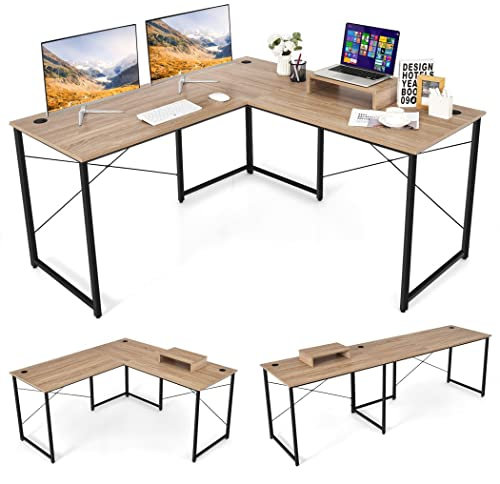 COSTWAY L-Shaped Computer Desk, 240cm Reversible Double Study Writing Workstation for 2 Person, Large Long Corner Home Office Desk Wooden PC Laptop Gaming Table with Monitor Stand (Natural)