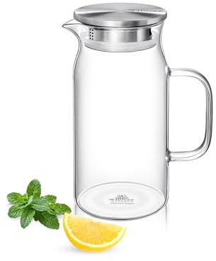 Wilmax Glaskaraffe mit Deckel aus Edelstahl, Wasserkaraffe 1000 ml | Hitzebeständiges Borosilikatglas, spülmaschinenfest, für Gasherd, Elektroherd & Mikrowelle, für Heiß- und Kaltgetränke