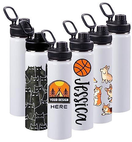 6 Pack Sublimation Water Bottle Blanks, 24oz Personalized Insulated Water Bottles Bulk with Handle & Spout Lid, Stainless Steel, Leak Proof DIY Gift for Teacher Nurse Sports Travel Gym Hiking, White