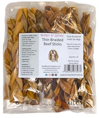 20 Thin Braided Beef Skin Sticks for Dogs (210g) by Britten and James