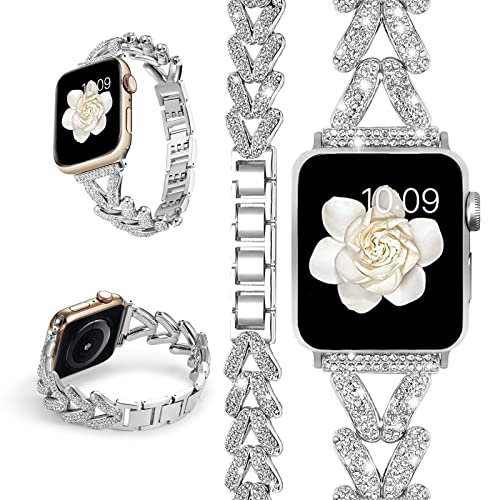 Miimall Strap for Apple Watch Ultra 2/Ultra, Series 10 9 8 7 6 5 4 3 2 1 SE, Bling Rhinestone Zinc Alloy Band Women Adjustable Replacement Strap for iWatch 49mm/46mm/45mm/44mm/42mm, Silver