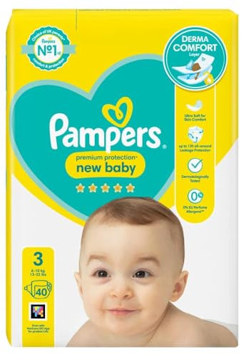 Pampers Premium Protection Baby Größe 3, 40 Windeln 6kg-10kg, Essential Pack, Doppelschutz für Haut und gegen Auslaufen