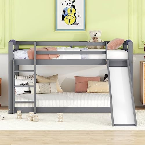 Dolamaní Lettino a castello con scala e scivolo, telaio in legno massello, 90 x 200 cm, design sicuro e resistente alle cadute, per ragazzi e ragazze, bambini e ragazzi (grigio)