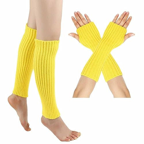 SHTGOI Beinstulpen und Pulswärmer Set Baumwolle Strick Beinwärmer Fingerlose Handschuhe Winter Arm Handwärmer Legwarmer Bein und Arm Stulpen für Yoga-Tanzen Turnhalle Ausübt Halten Warm Bright Gelb